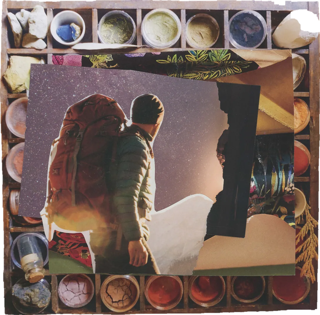 Collage of a hiker with a backpack looking out at a starry horizon, framed by a border of small paint pots and bowls.
