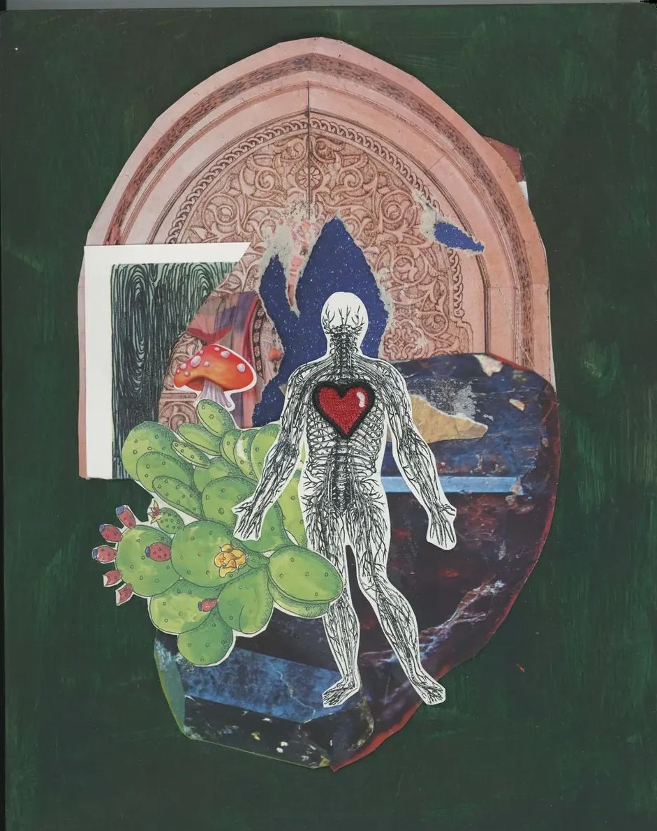 Collage of an anatomical figure with a red heart, a prickly pear cactus and a carved stone arch, on dark green.