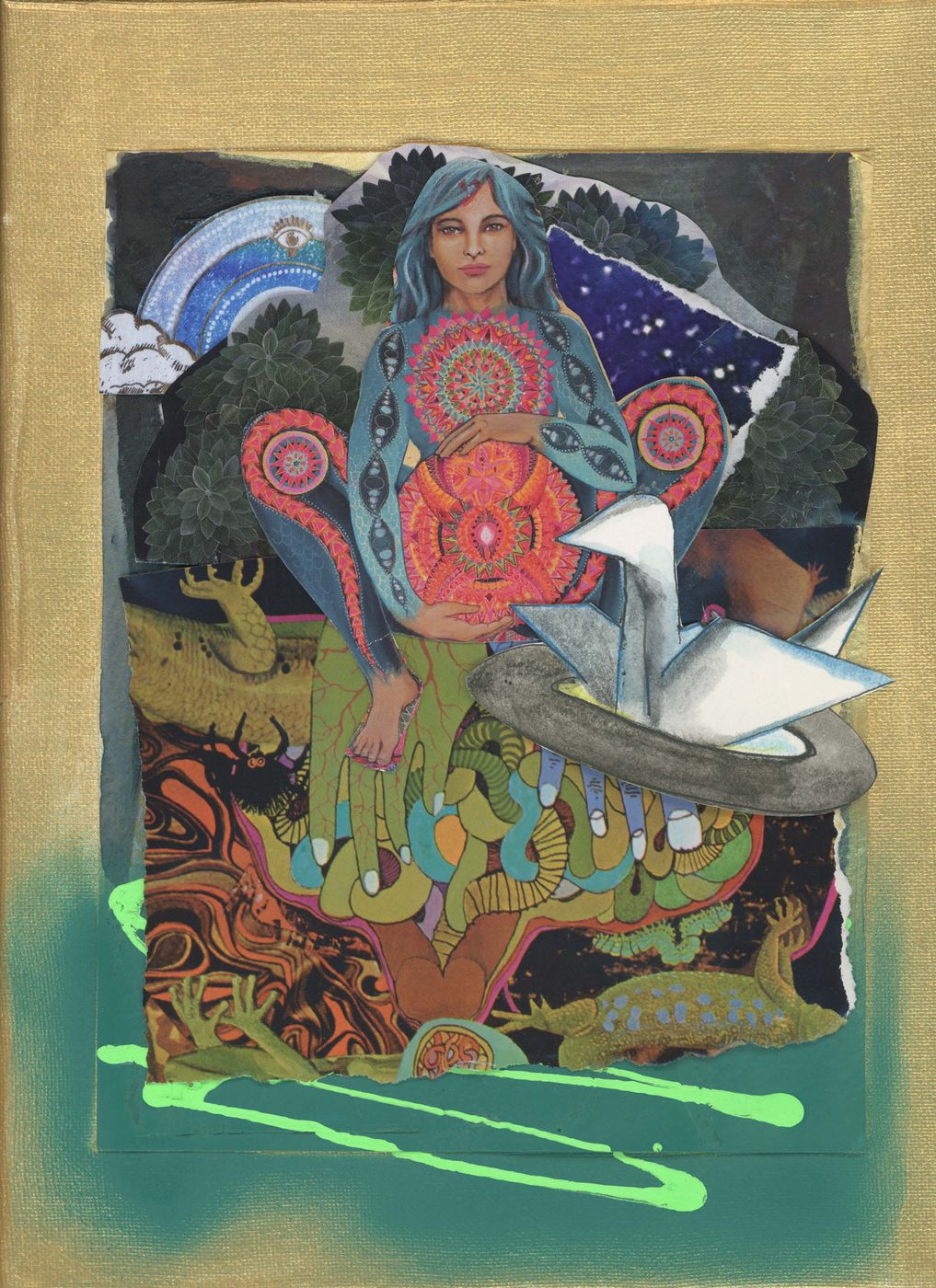 Collage of a goddess figure with red concentric circles over a lush patterned landscape, on a gold ground.