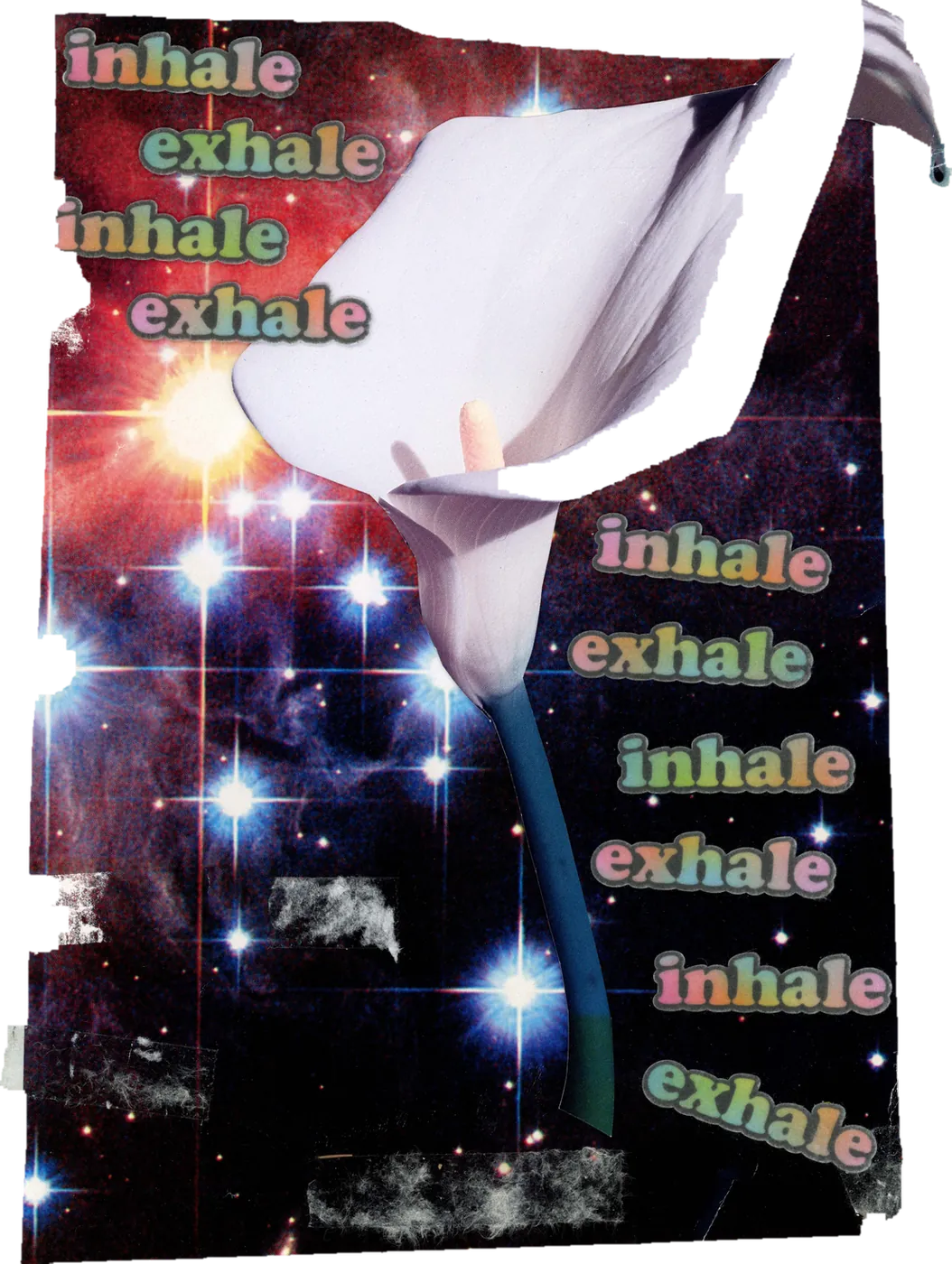 Collage of a white calla lily against a starry sky, lettered “inhale, exhale” again and again.