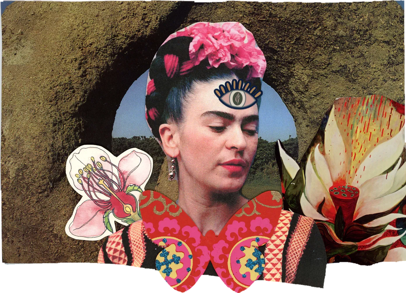 Collage of Frida Kahlo with a third eye and pink flowers in her hair, among orchids and a cactus bloom.