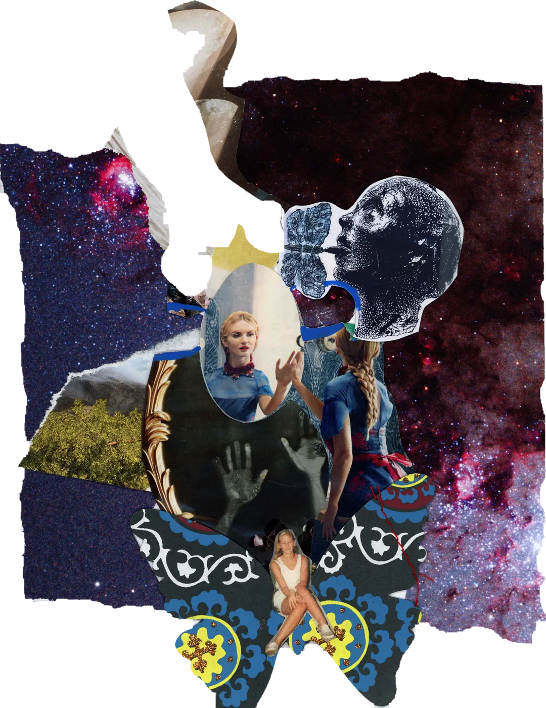 Collage of figures and faces cut from photographs, layered over a starry night sky on torn paper.