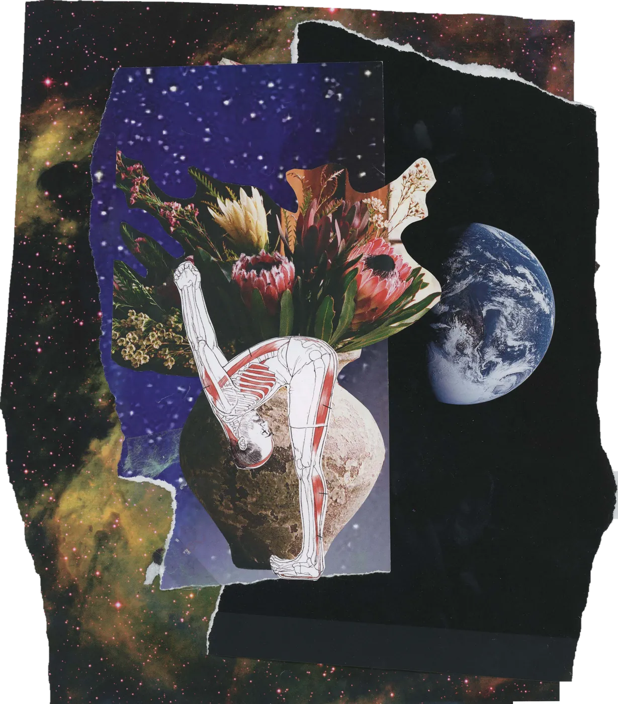 Collage of a figure merging into a flowering vase beside the earth, against a dark starry sky.