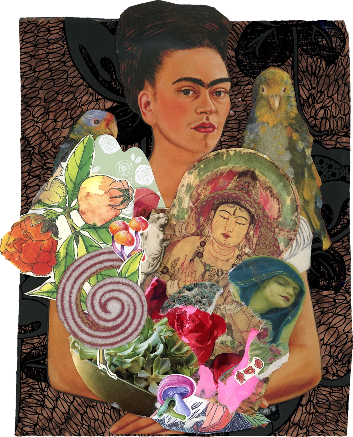 Collage of Frida Kahlo holding an armful of flowers, fruit, a pink spiral and portraits of women.
