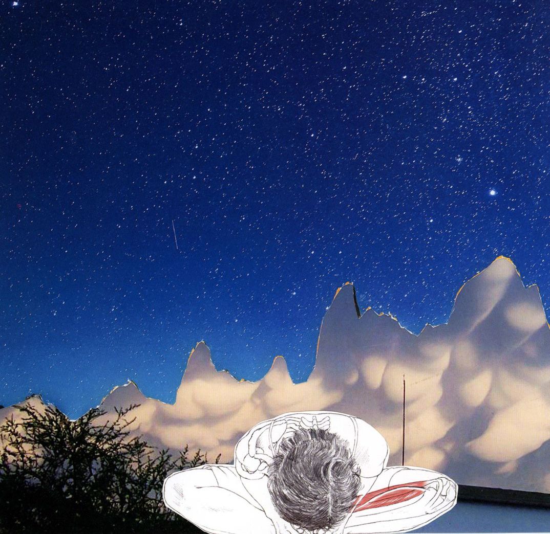 Collage of a figure resting on billowing clouds under a deep blue starry sky.