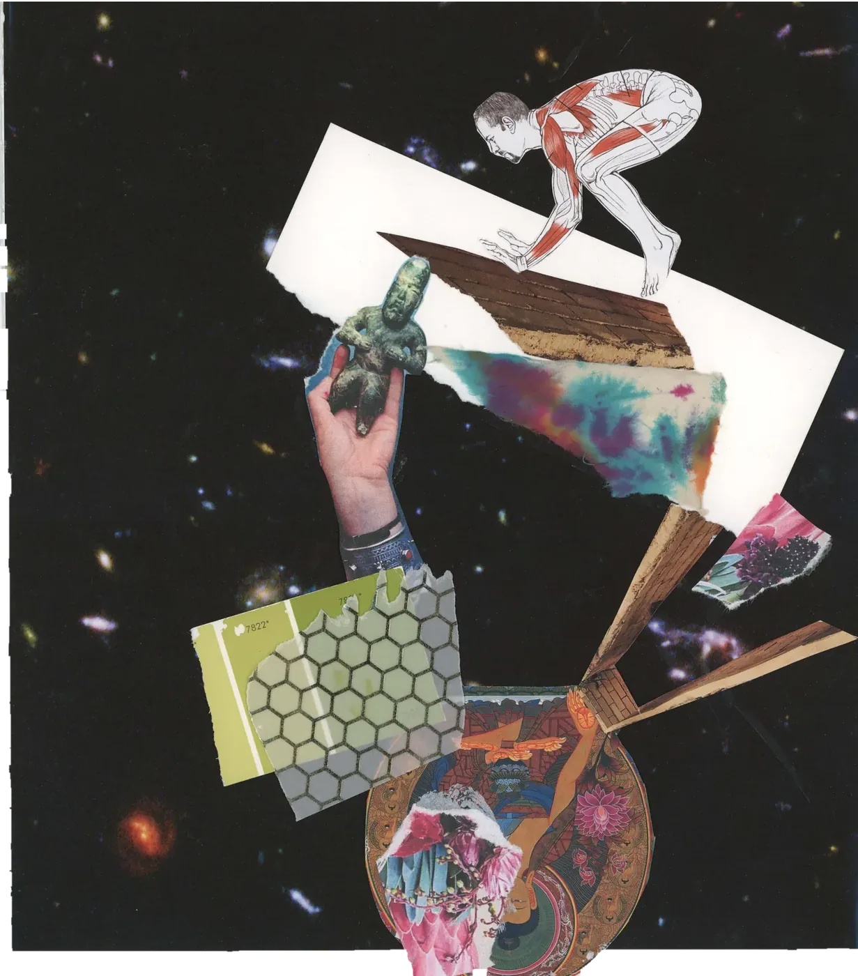 Collage of an anatomical figure balancing among geometric shapes, hands and painted papers, in deep space.