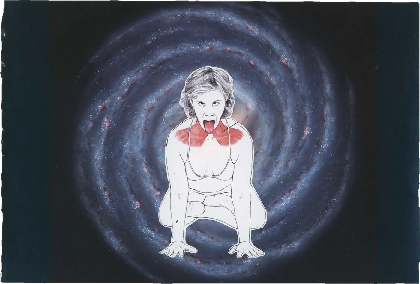 Collage of a crouching figure at the center of a spiral galaxy.