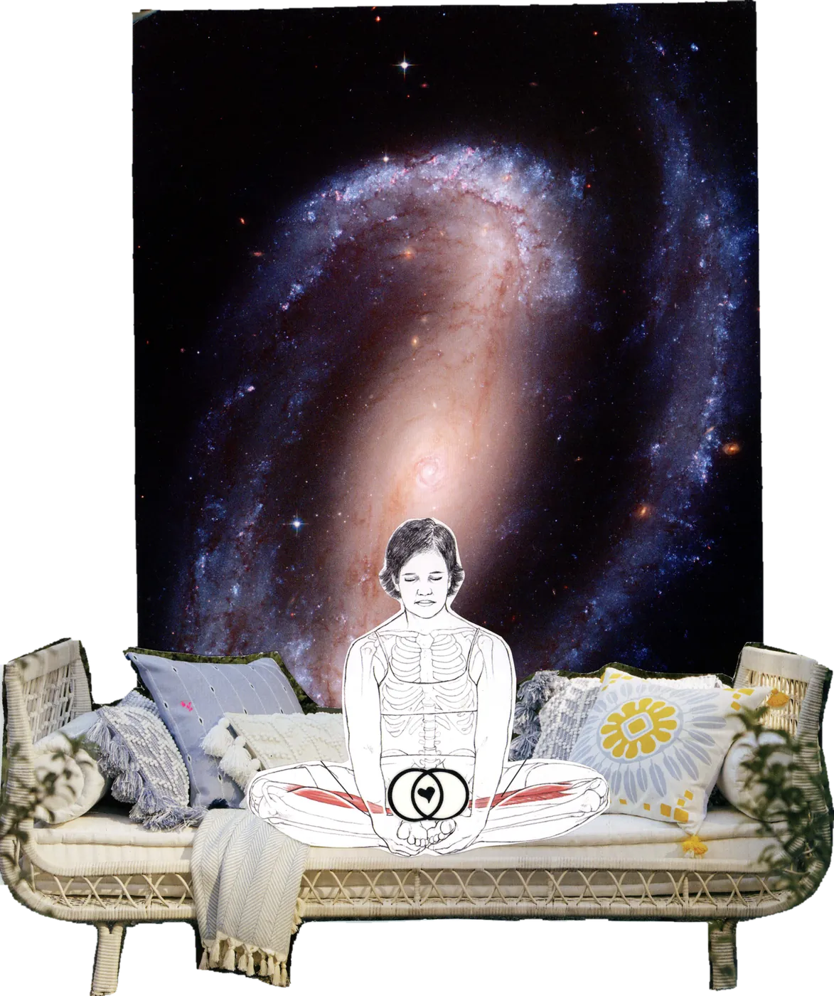 Collage of a figure sitting cross-legged on a daybed beneath a spiral galaxy.