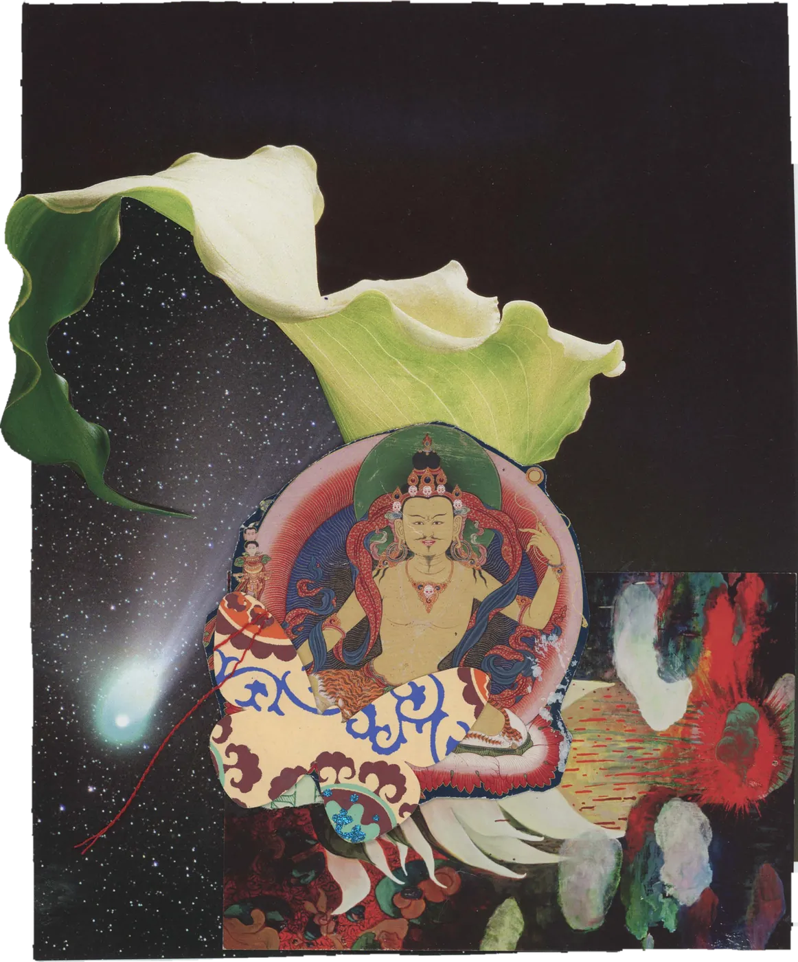 Collage of a seated deity figure with a calla lily and a comet, against a dark sky.