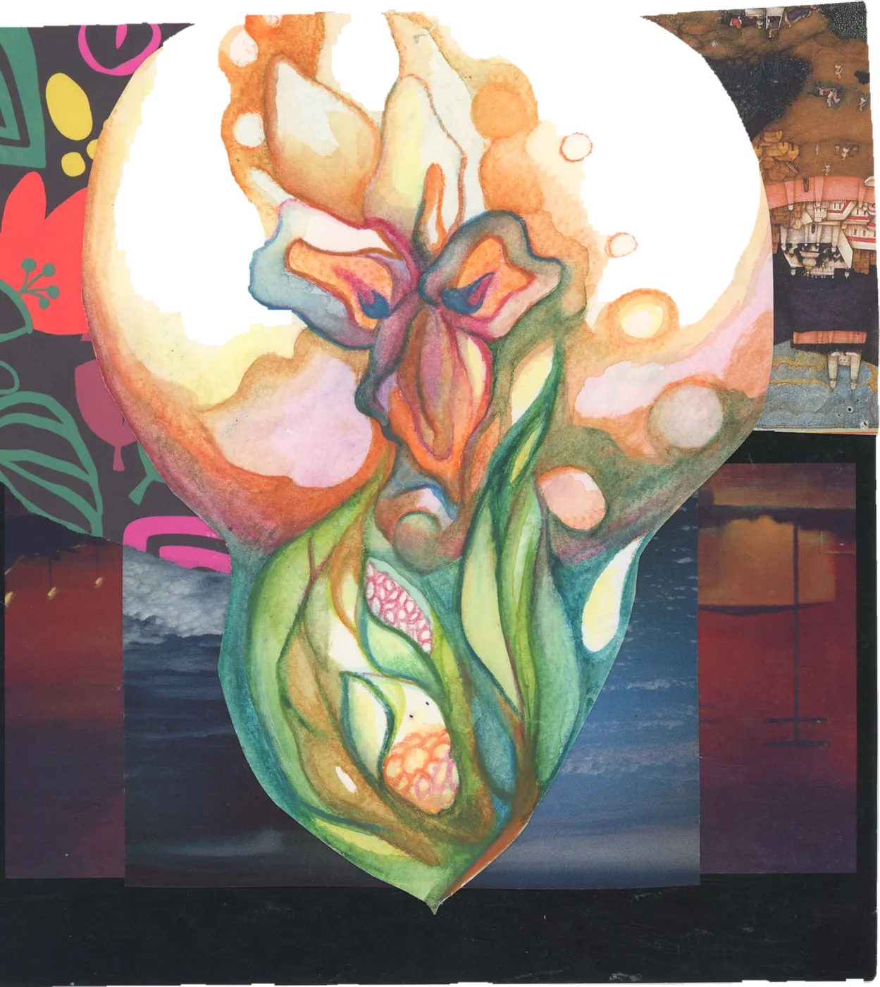 Collage of a watercolor flower blooming inside a glowing pear-shaped form, over painted papers.