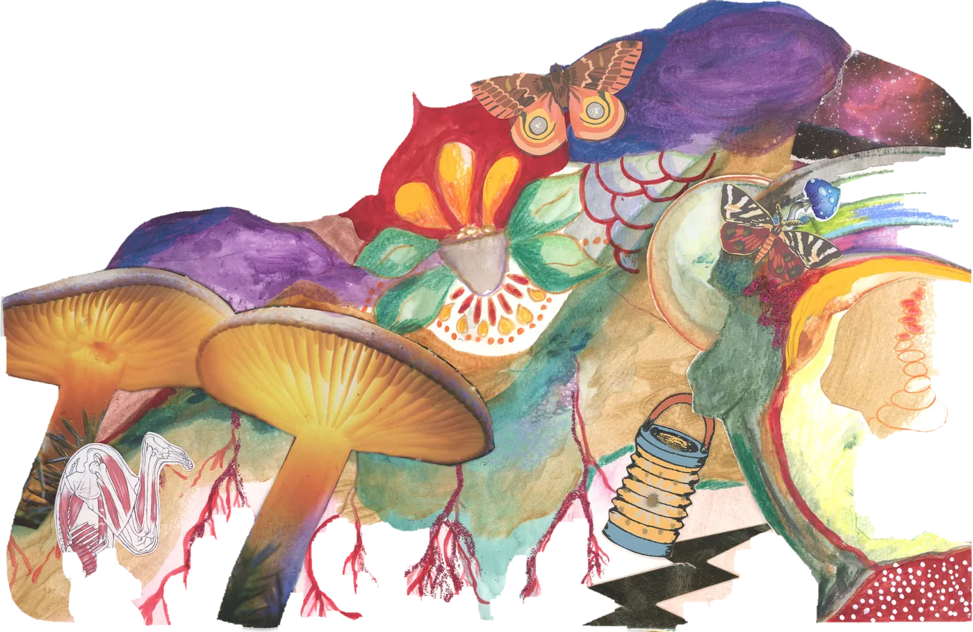 Collage of watercolor mushrooms, flowers and birds in a bright, flowing landscape.
