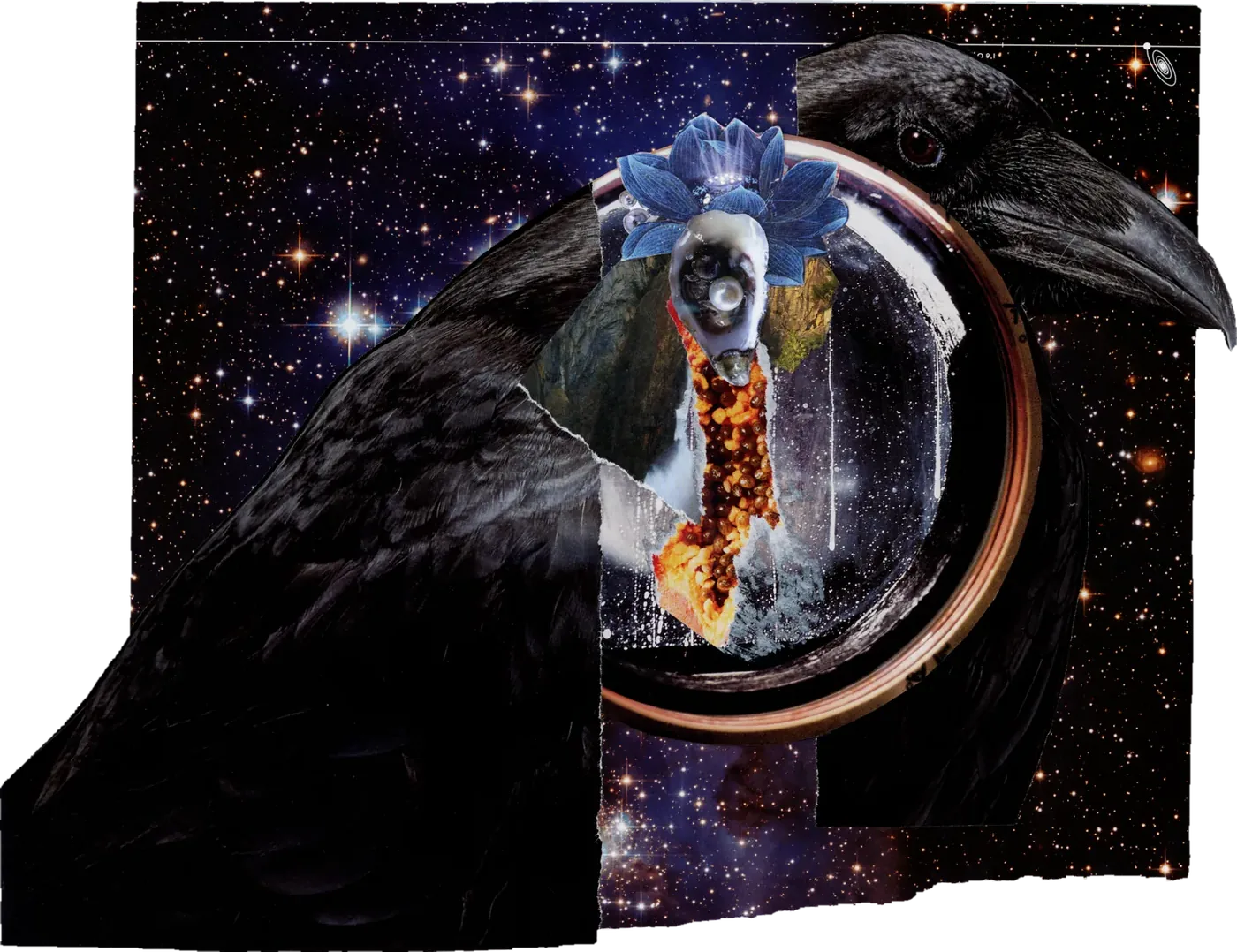 Collage of a small figure inside a silver ring, floating through a starry night sky.