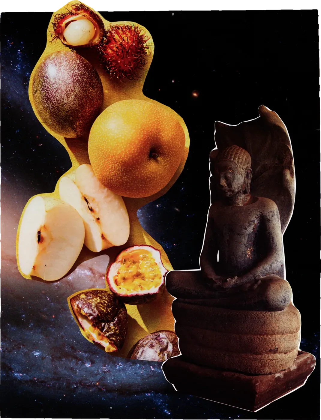 Collage of halved pears, fruit and a carved wooden figure against a dark starry background.