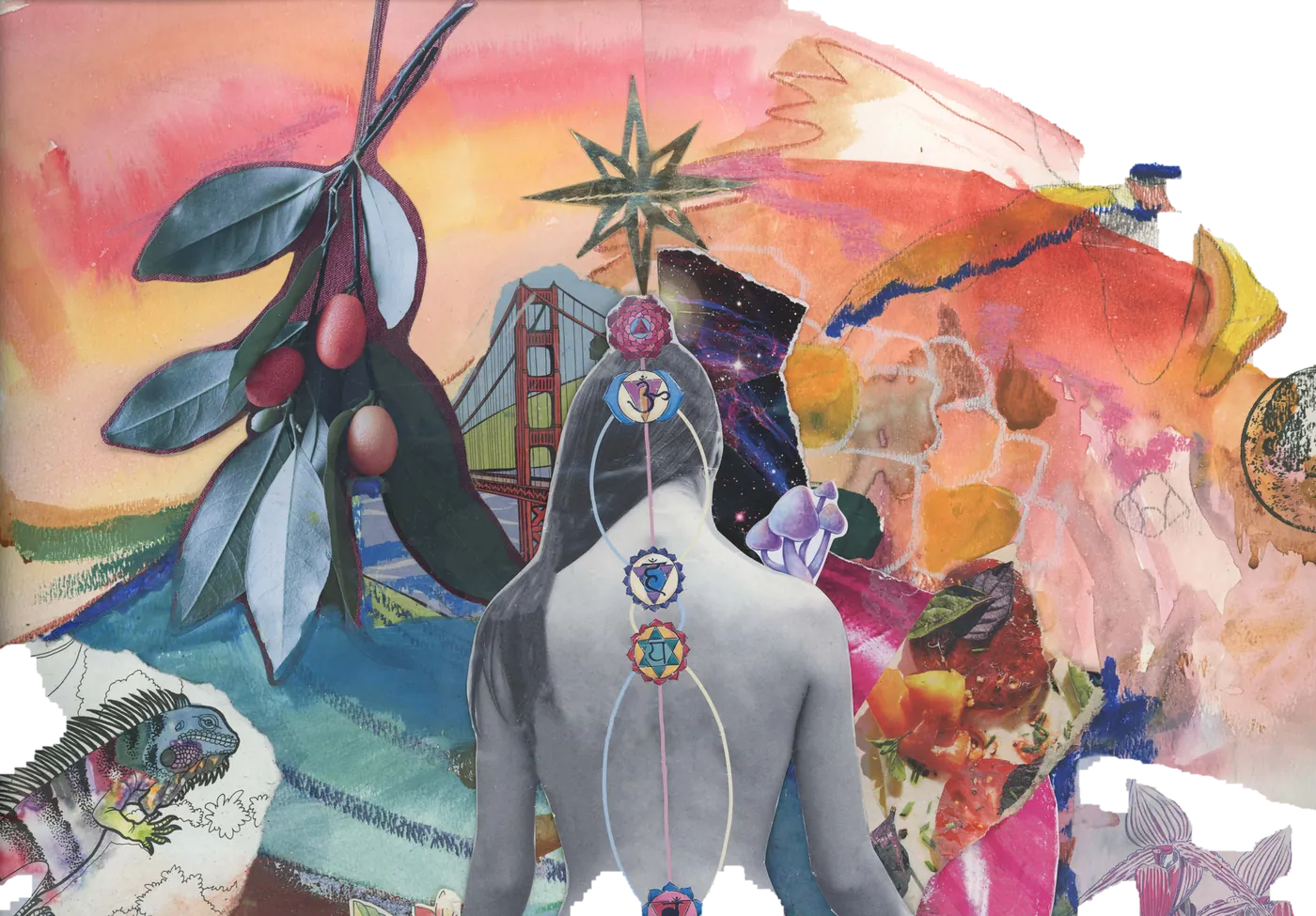 Collage of a figure seen from behind with glowing chakra points, among painted flowers, a star and the Golden Gate Bridge.