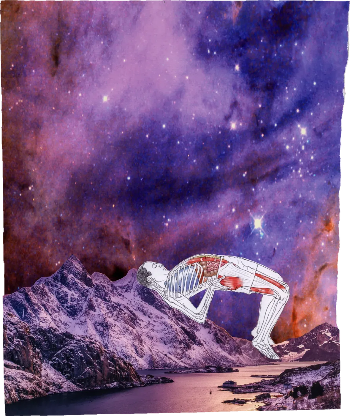 Collage of an anatomical figure climbing a rock face against a purple nebula.