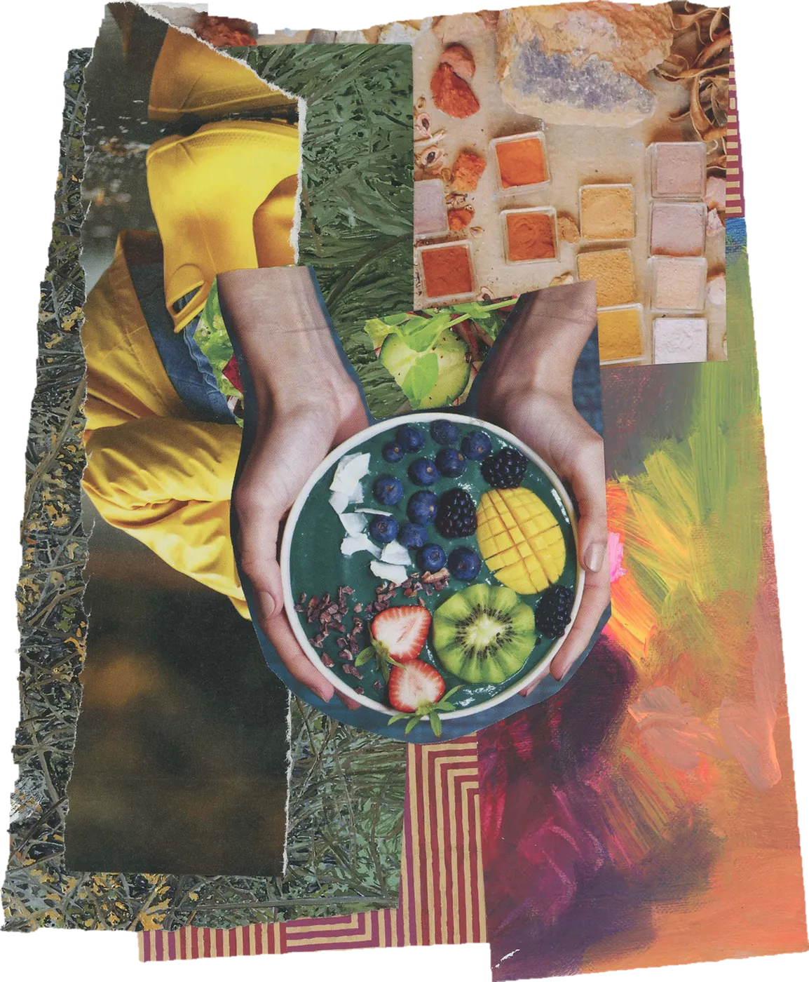Collage of hands holding a bowl of fruit over strips of patterned and painted paper.