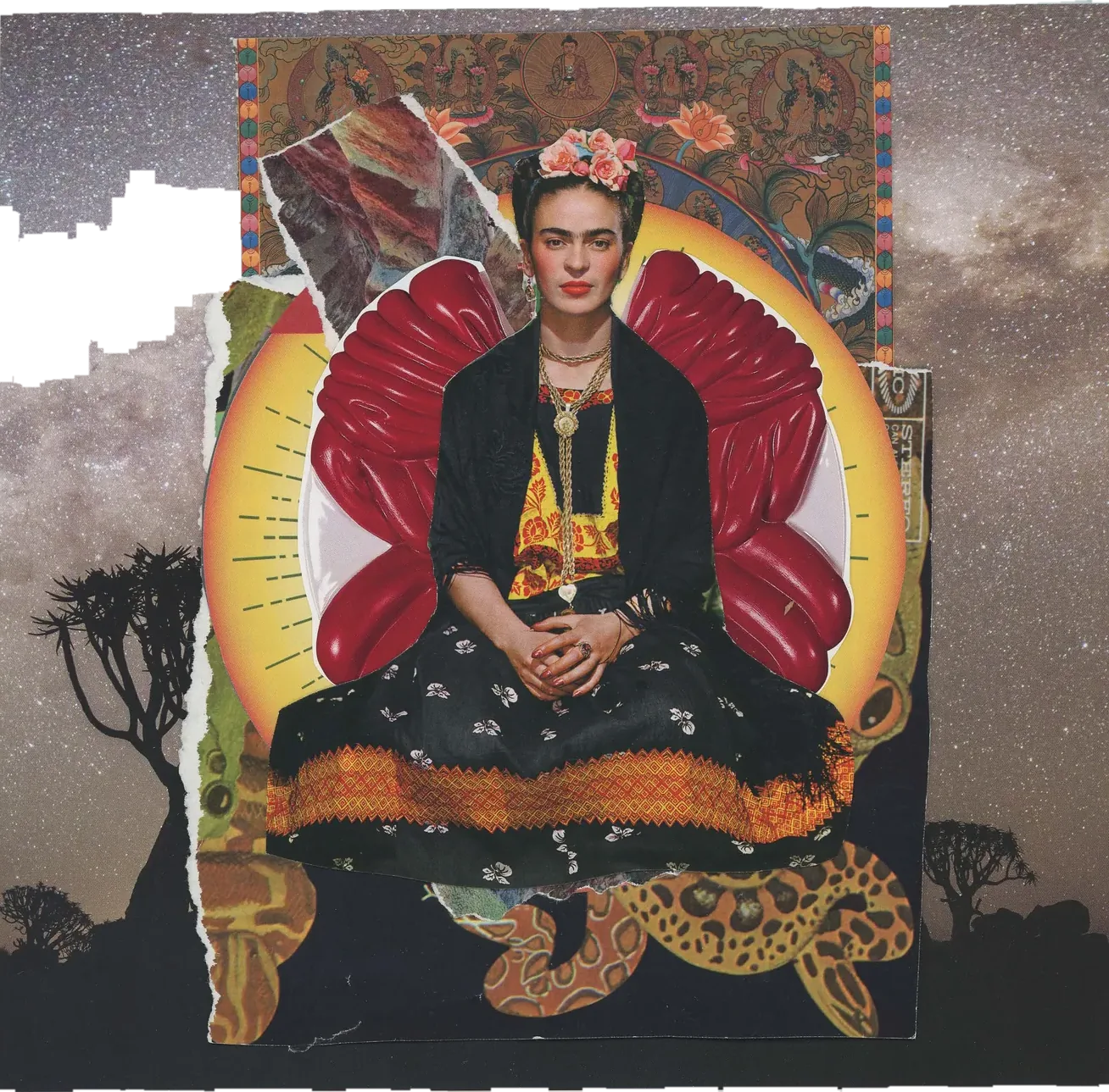 Collage of an inverted figure between red wings, framed by a golden snake and patterned borders.