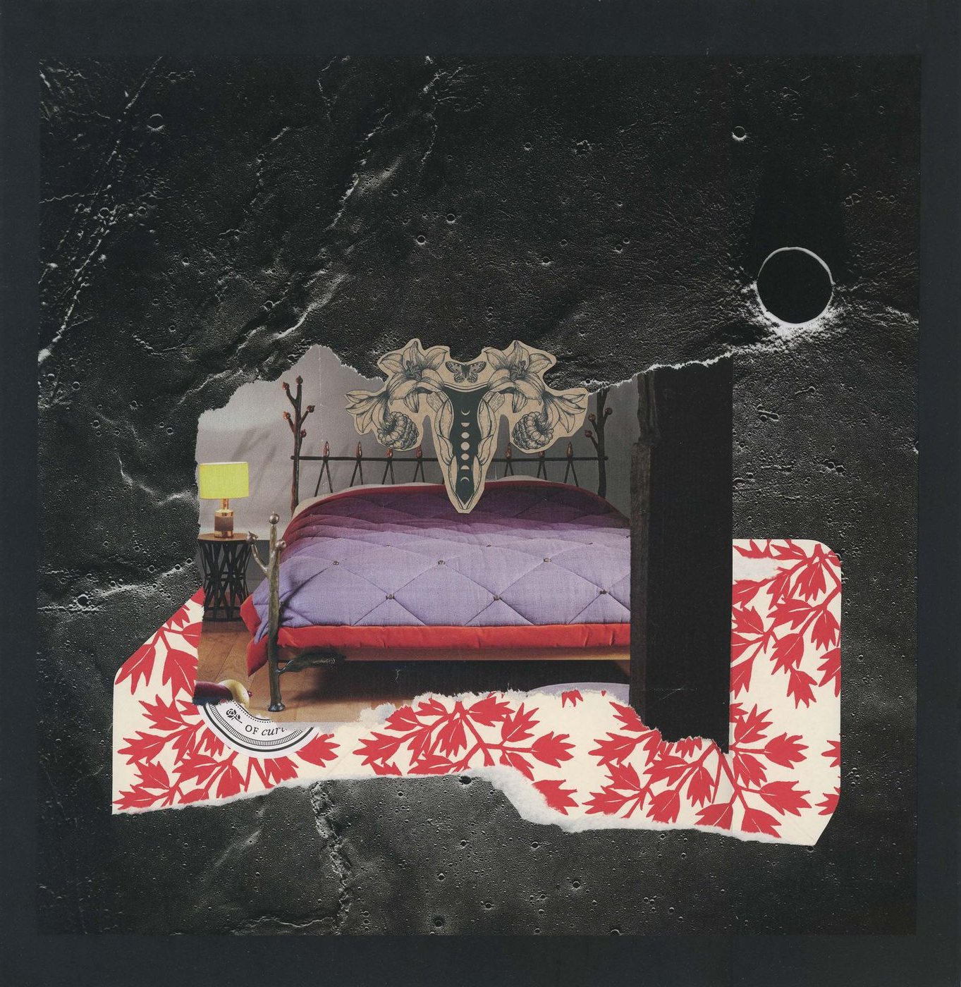 Collage of a bed framed by red floral paper against a cratered gray moonscape.