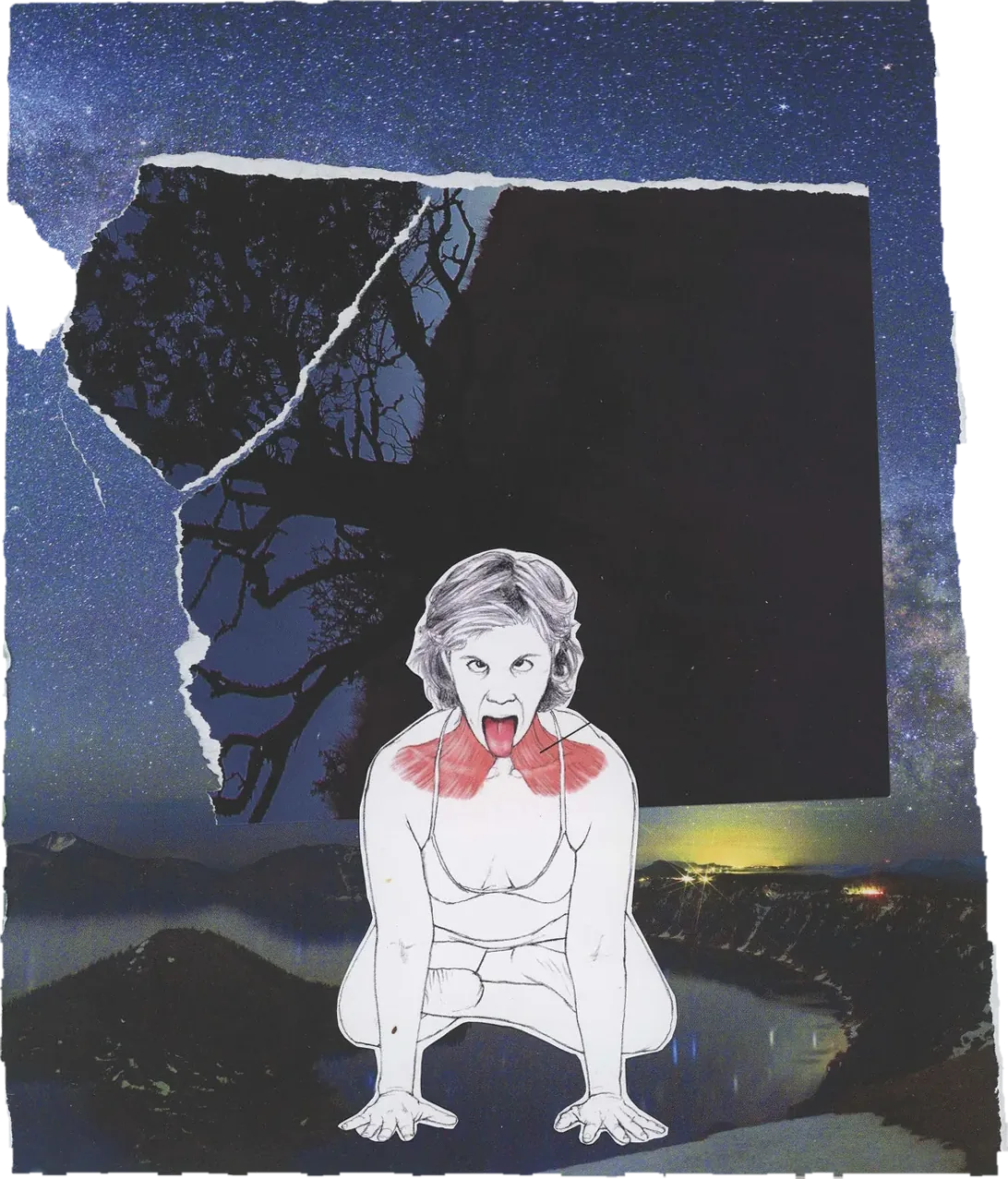 Collage of an inverted figure hanging over a dark night landscape with torn edges.