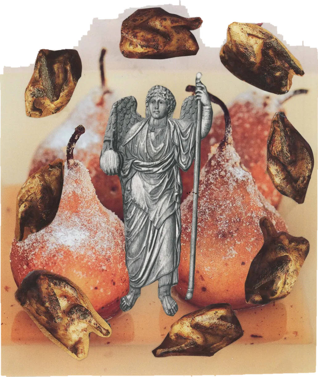 Collage of a classical statue of a winged figure among pears and dried fruit.