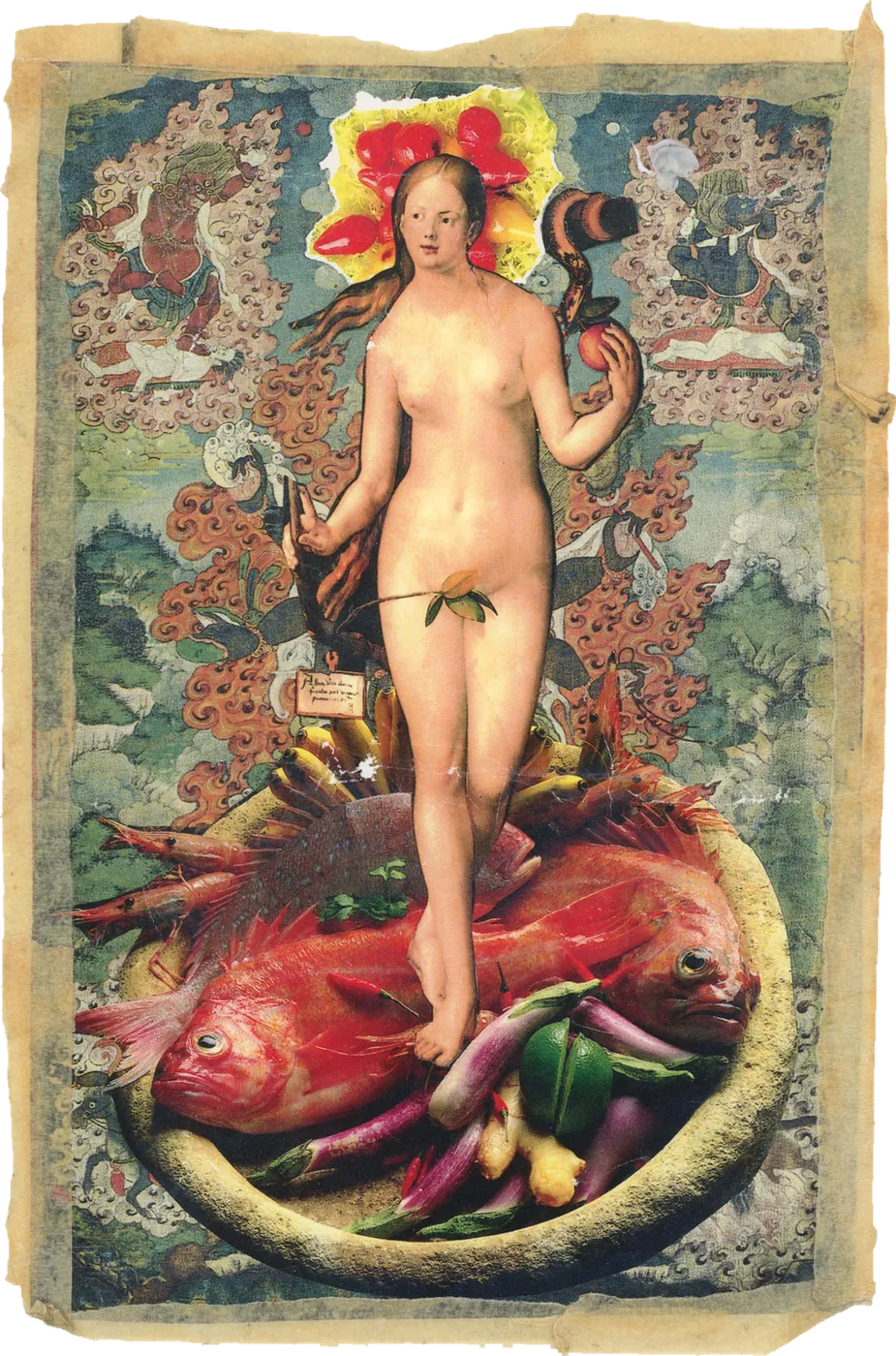 Collage of a nude woman standing on a platter of fish and vegetables, crowned with red flowers, on an ornate ground.