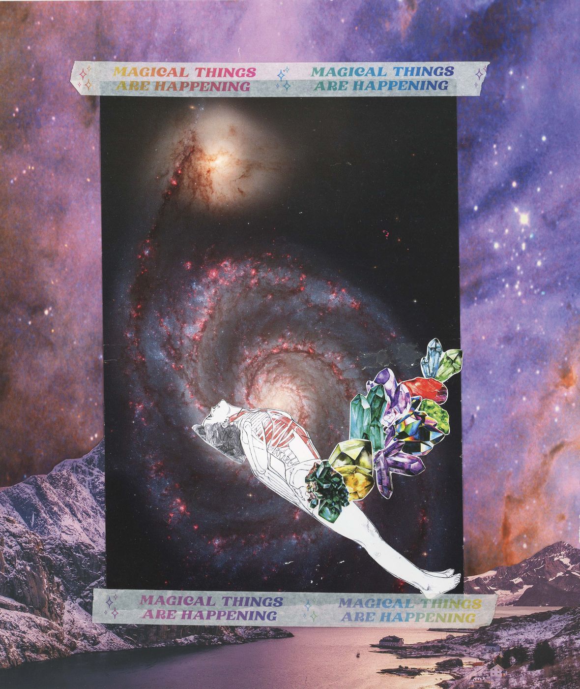 Collage of an anatomical figure reaching toward flowers beneath a spiral galaxy, framed by “magical things are happening”.