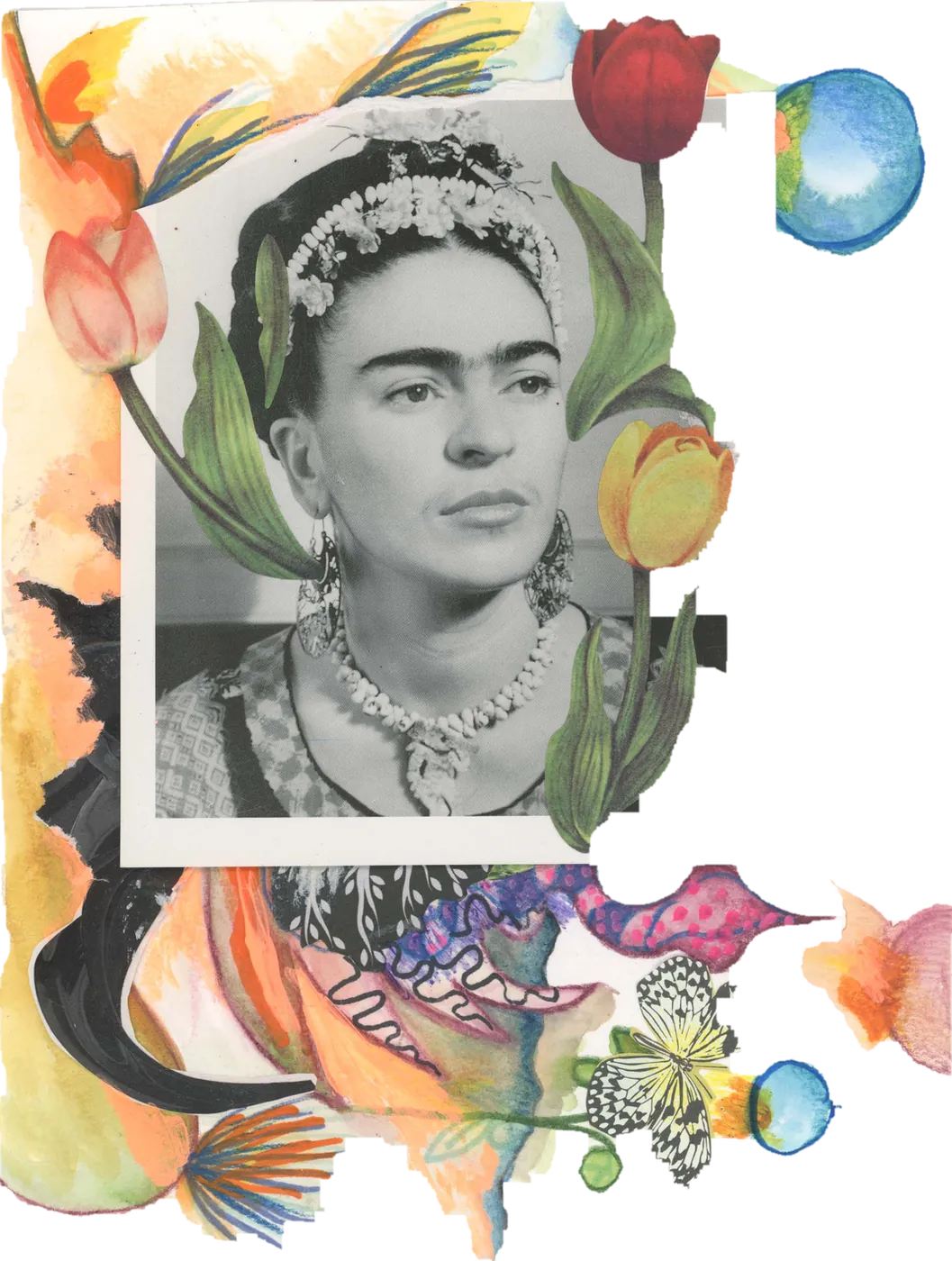 Collage of a black-and-white portrait of Frida Kahlo surrounded by watercolor flowers and butterflies.