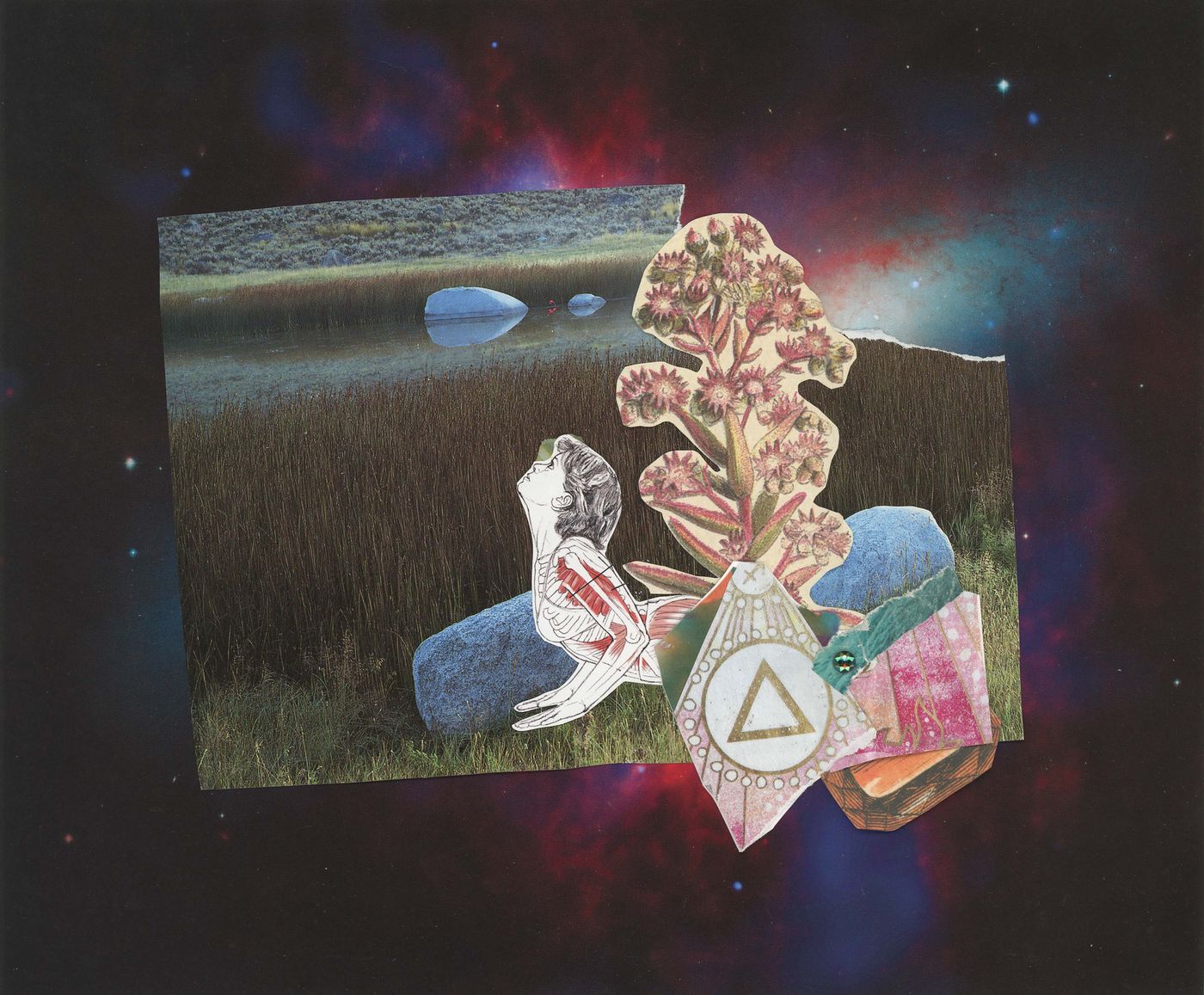 Collage of a figure seated by a crystal and a triangle symbol, in a grassy landscape against deep space.