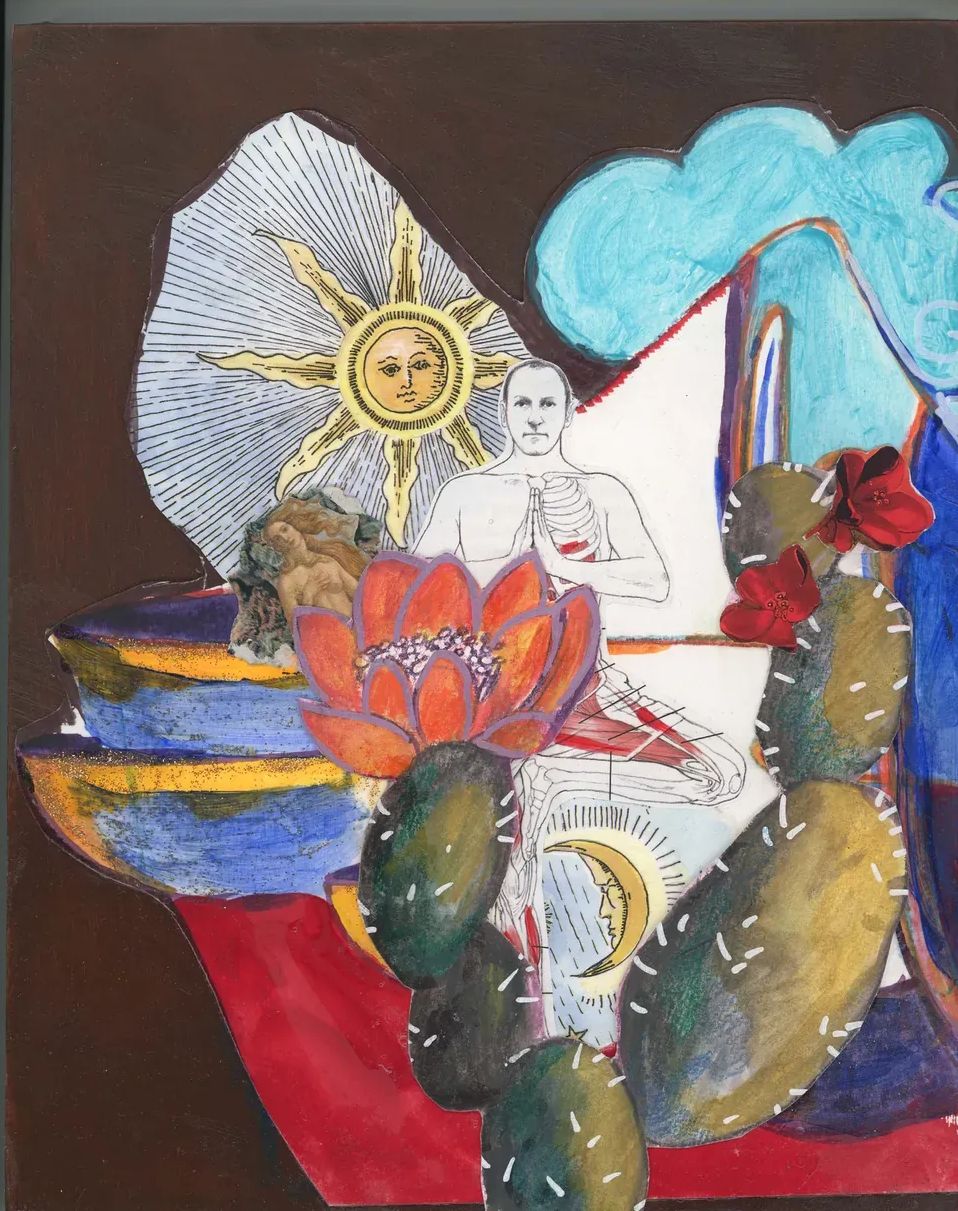 Collage of a seated figure beneath a sun, with a red lotus, a prickly pear cactus and a painted bowl.