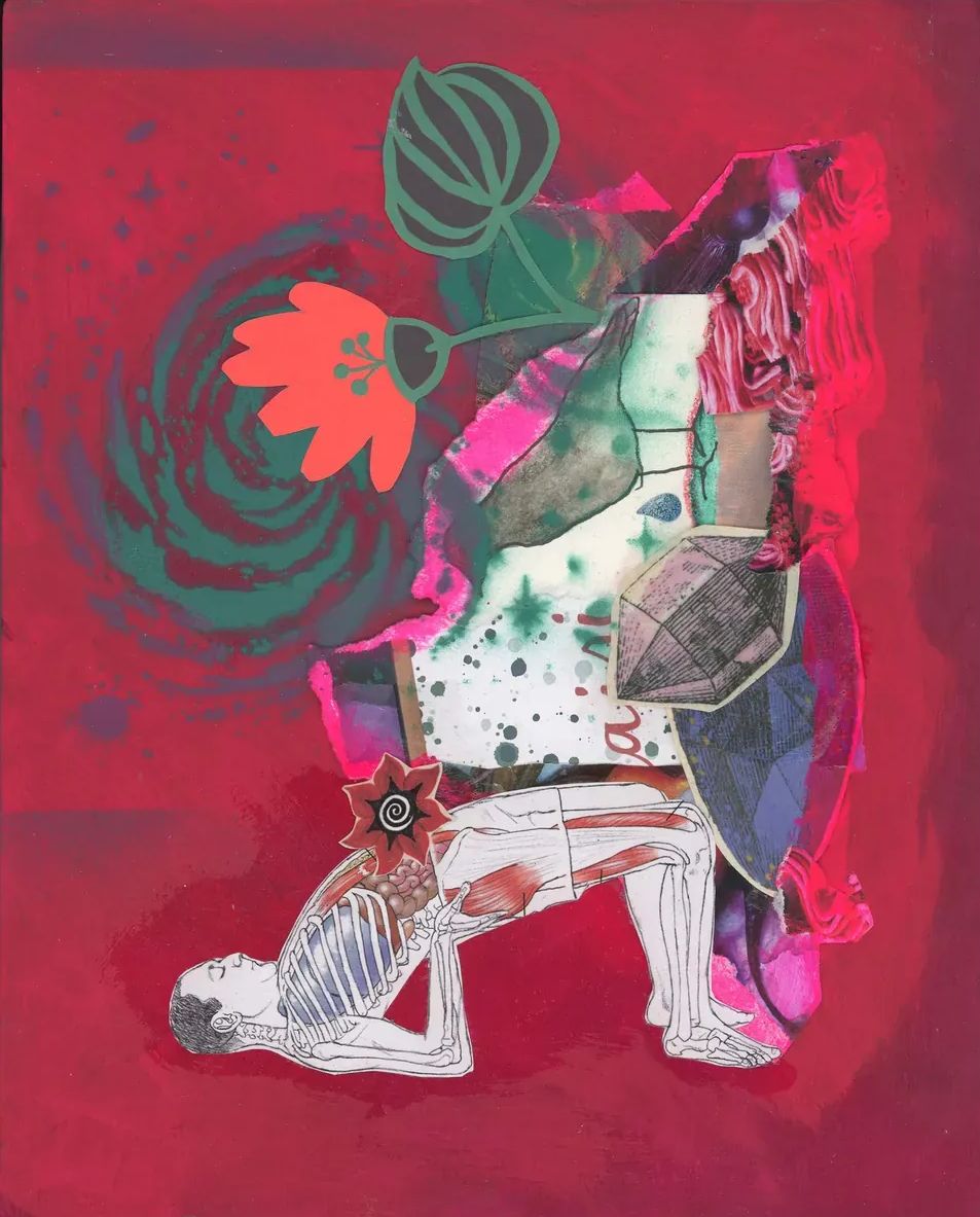 Collage of an anatomical figure kneeling on a red ground with a coral flower and a green rose.