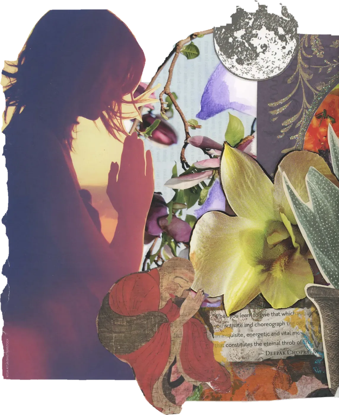 Collage of a yellow orchid, autumn leaves and a full moon beside a violet silhouette.