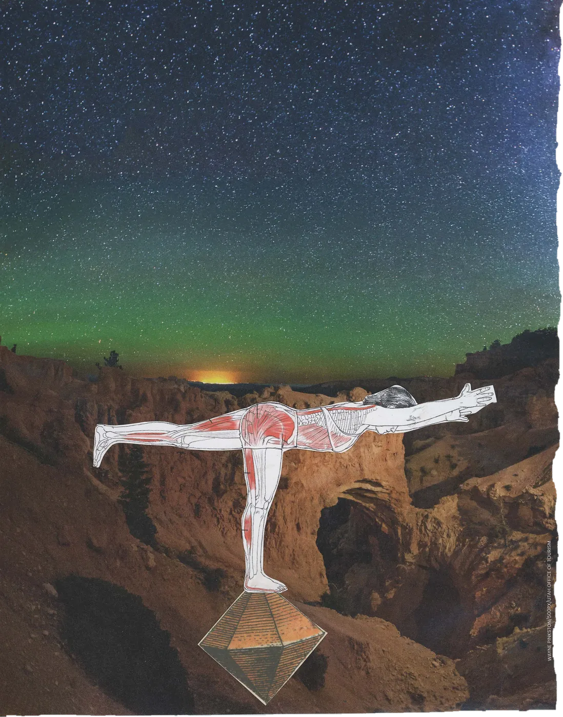 Collage of an anatomical figure balancing on a crystal over a canyon under the northern lights.