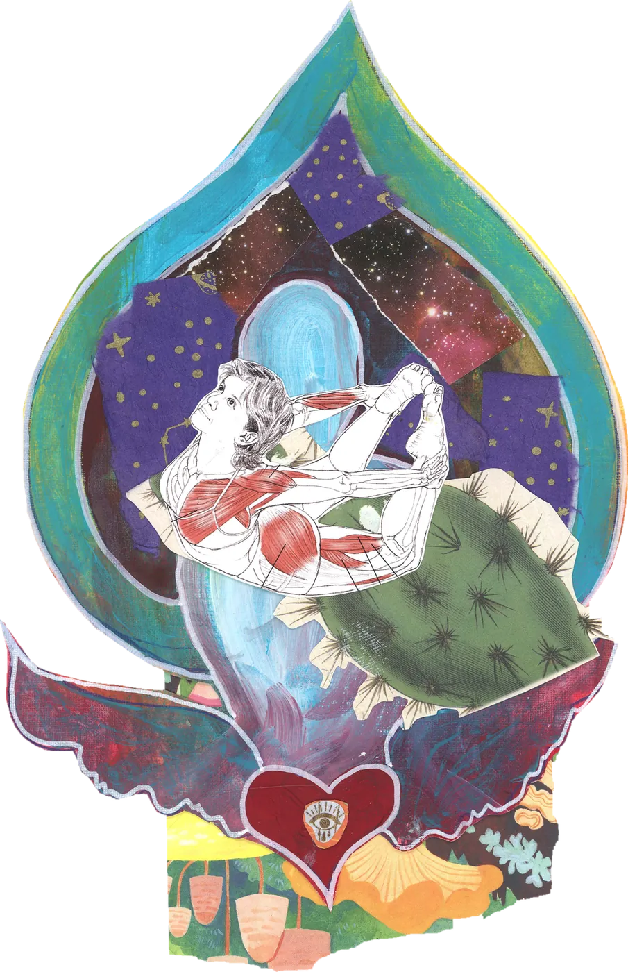 Collage of embracing figures and a cactus inside a teardrop of starry sky, above a winged heart.