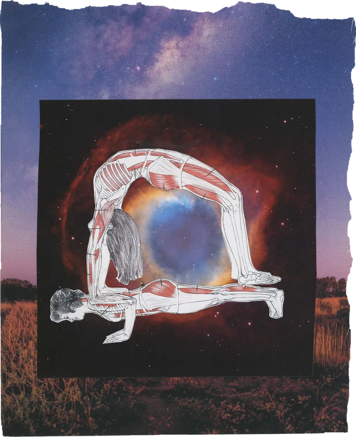 Collage of an anatomical figure arched over a glowing blue nebula, in a field under the Milky Way.