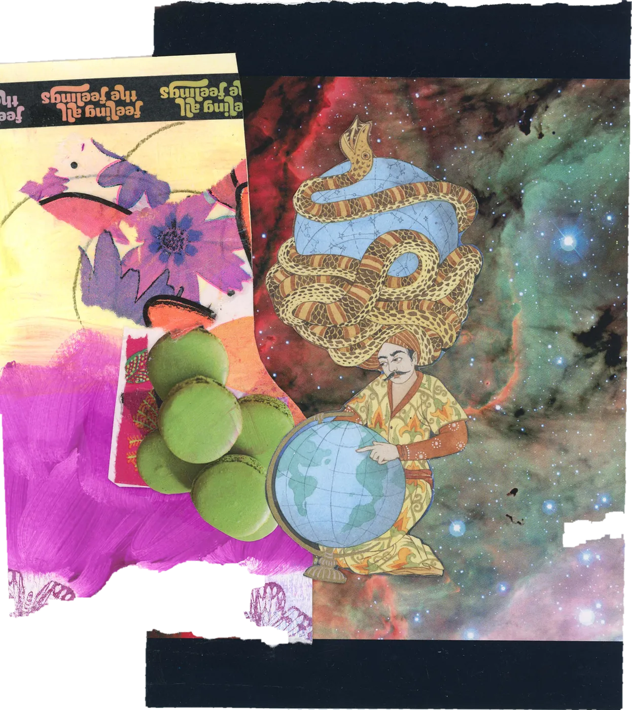 Collage of a woman holding a globe beside a golden snake, green fruit and a nebula, on pink and yellow papers.