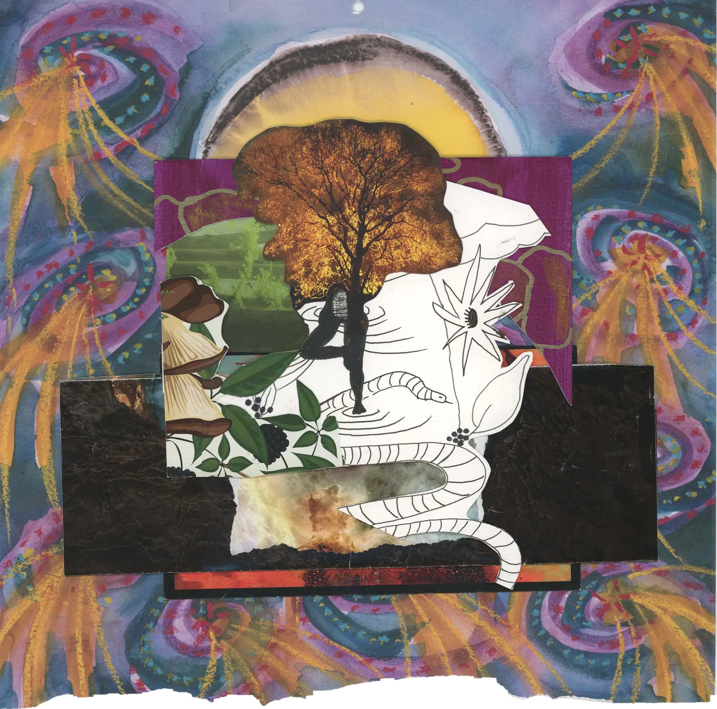 Collage of a tree, leaves and a line-drawn figure on a swirling psychedelic painted ground.