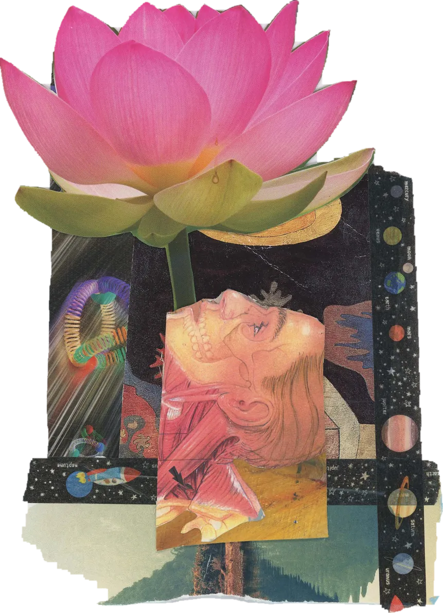 Collage of a pink lotus above a woman’s face and strips of planets and patterned paper.