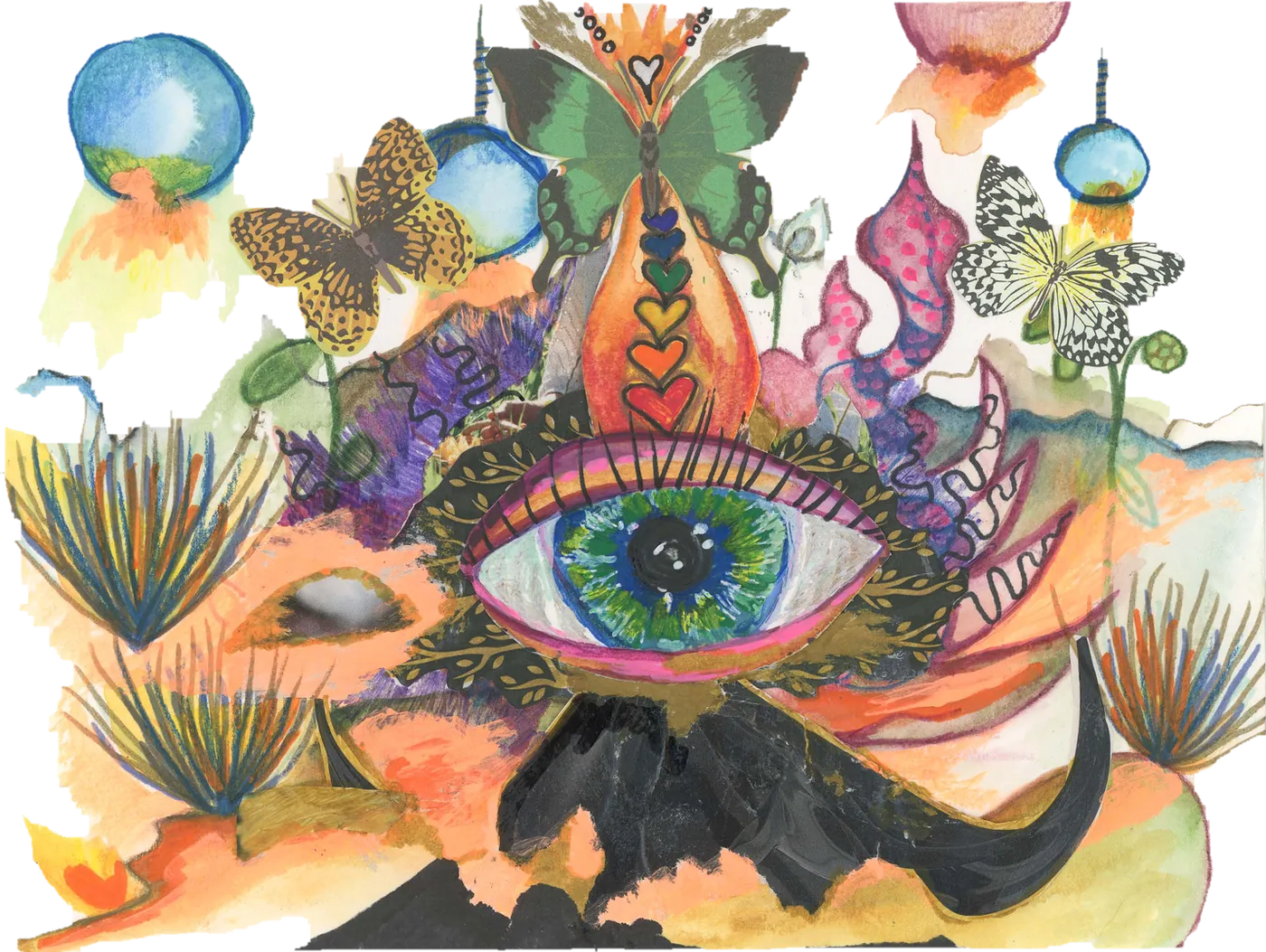 Collage of a large eye surrounded by butterflies, desert plants and glowing planets.