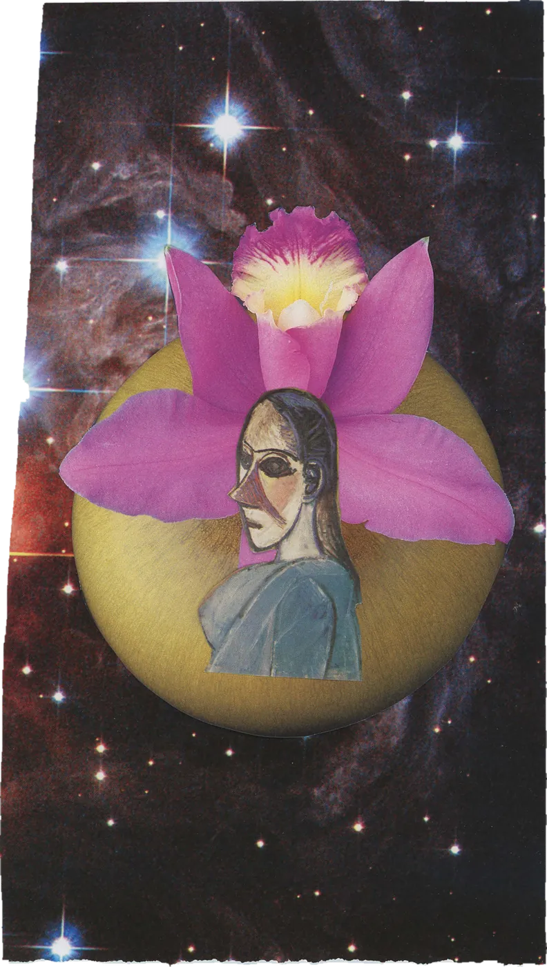 Collage of a face inside a pink orchid, on a golden planet in a starry sky.