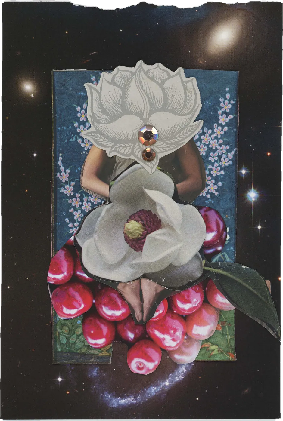 Collage of a white magnolia over a figure and a pile of red cherries, framed in deep space.
