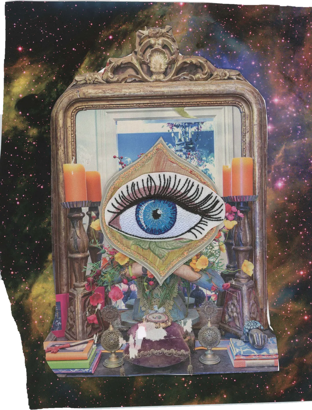 Collage of a large blue eye in an ornate gilded mirror, with candles and flowers, against a nebula.