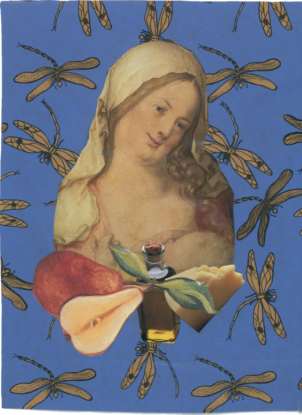 Collage of a Renaissance Madonna with a halved pear and a small bottle, on blue paper patterned with golden dragonflies.