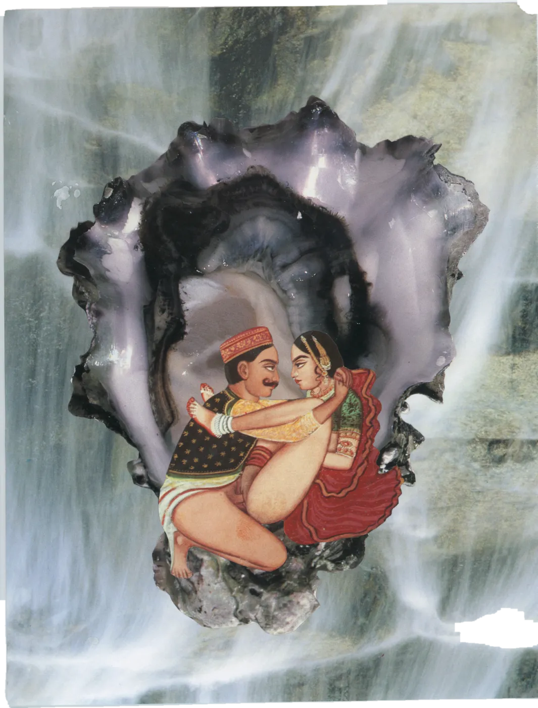 Collage of an embracing couple in Indian miniature style nestled inside an oyster shell, over a misty waterfall.
