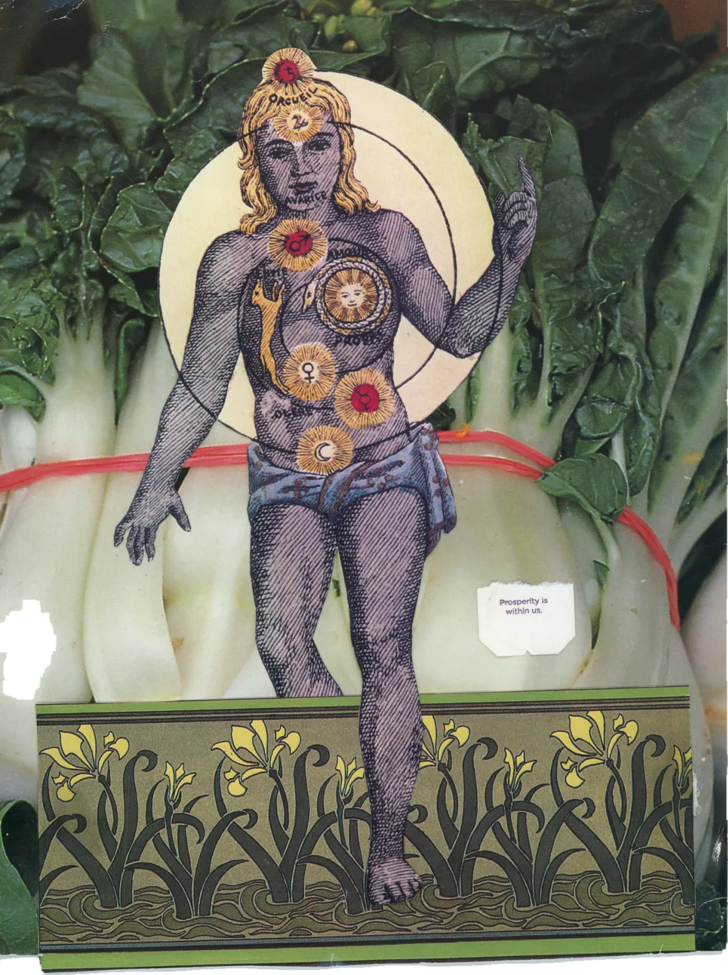 Collage of a blue goddess figure with glowing chakra points and a golden halo, standing on an iris frieze before bok choy.