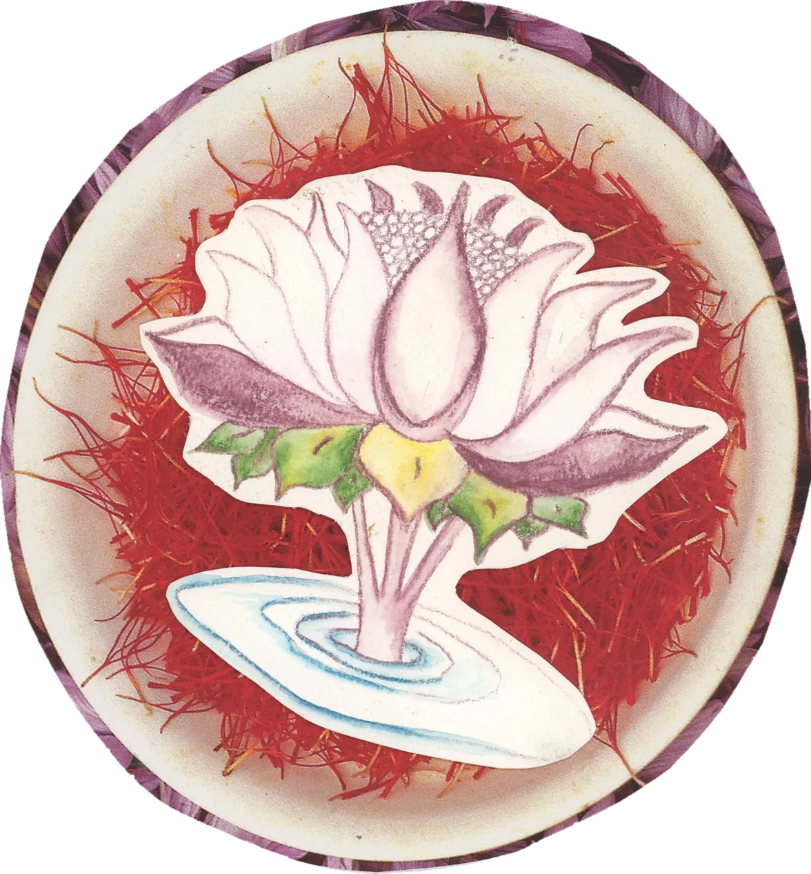 Collage of a hand-drawn lavender lotus rising from rippling water, on a round plate of red saffron threads.