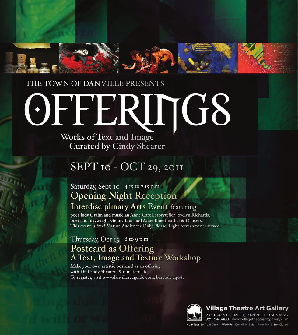 Poster for Offerings: works of text and image, curated by Cindy Shearer, 2011