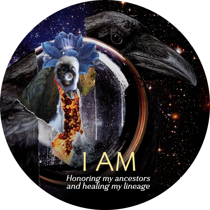 I AM card: Honoring my ancestors and healing my lineage. A raven behind a round mirror holding a blue lotus, an oyster with a pearl and a ribbon of seeds.