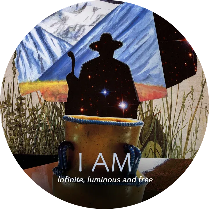 I AM card: Infinite, luminous and free. A starry silhouette of a man in a hat behind a rope-handled pot, before snowy mountains and grasses.