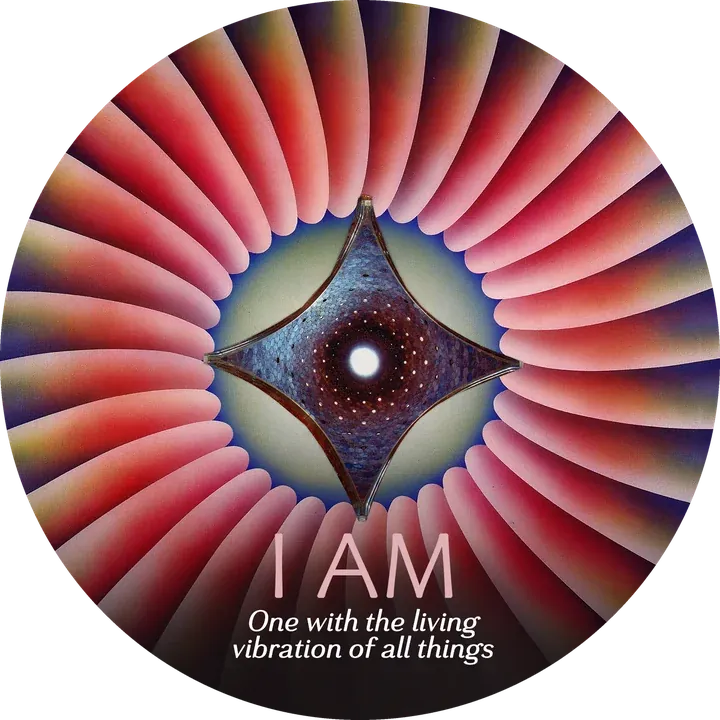 I AM card: One with the living vibration of all things. A glowing four-pointed star at the center of radiating red and pink petals.