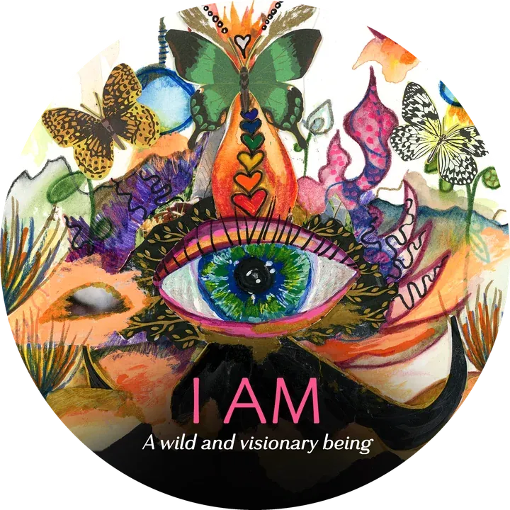 I AM card: A wild and visionary being. A large painted eye beneath a green butterfly and a column of rainbow hearts, among watercolor mountains and butterflies.